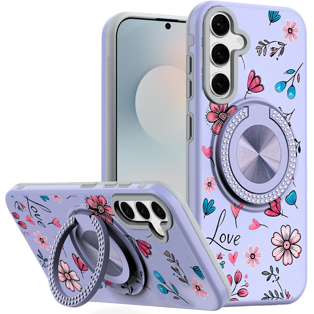 Phone Case for Samsung Galaxy S26 FE /Fan Edition Magnetic Ring Stand Matte Metal Hybrid Car Mount Friendly Shockproof Rotational Grip Diamond Design Pattern Cover Purple