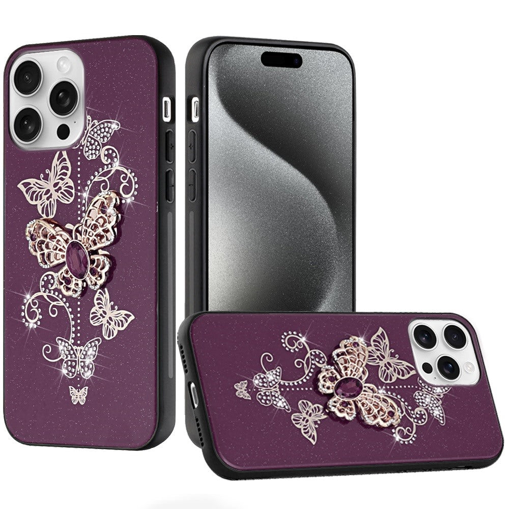 Phone Case for Apple iPhone 15 Pro Max Diamond Glitter 3D Butterfly Engraved Luxury Bling Hybrid Shockproof Chrome Edge Protective Durable Grip Cover Purple