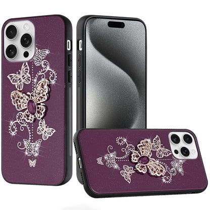 Phone Case for Apple iPhone 15 Pro Max Diamond Glitter 3D Butterfly Engraved Luxury Bling Hybrid Shockproof Chrome Edge Protective Durable Grip Cover Purple