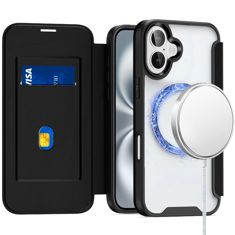 For Apple iPhone 16 (6.1") Flap Wallet Case Credit Card Slot, Clear TPU Back Hard [Magnetic Circle] Compatible with Magsafe Case Cover Black