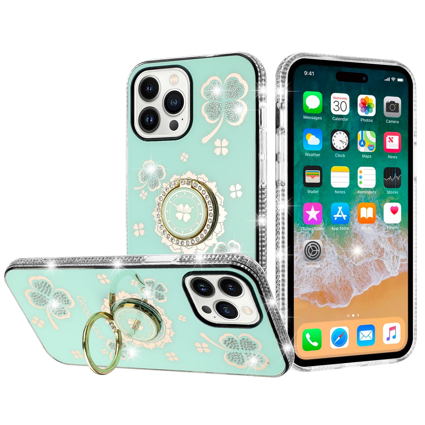 For Samsung Galaxy S25 Fan Edition /Galaxy S25 FE Diamonds Bling All Around Edges Sparkly Glitter Hybrid with Ring Stand Holder Fashion Good Luck Case Cover Teal