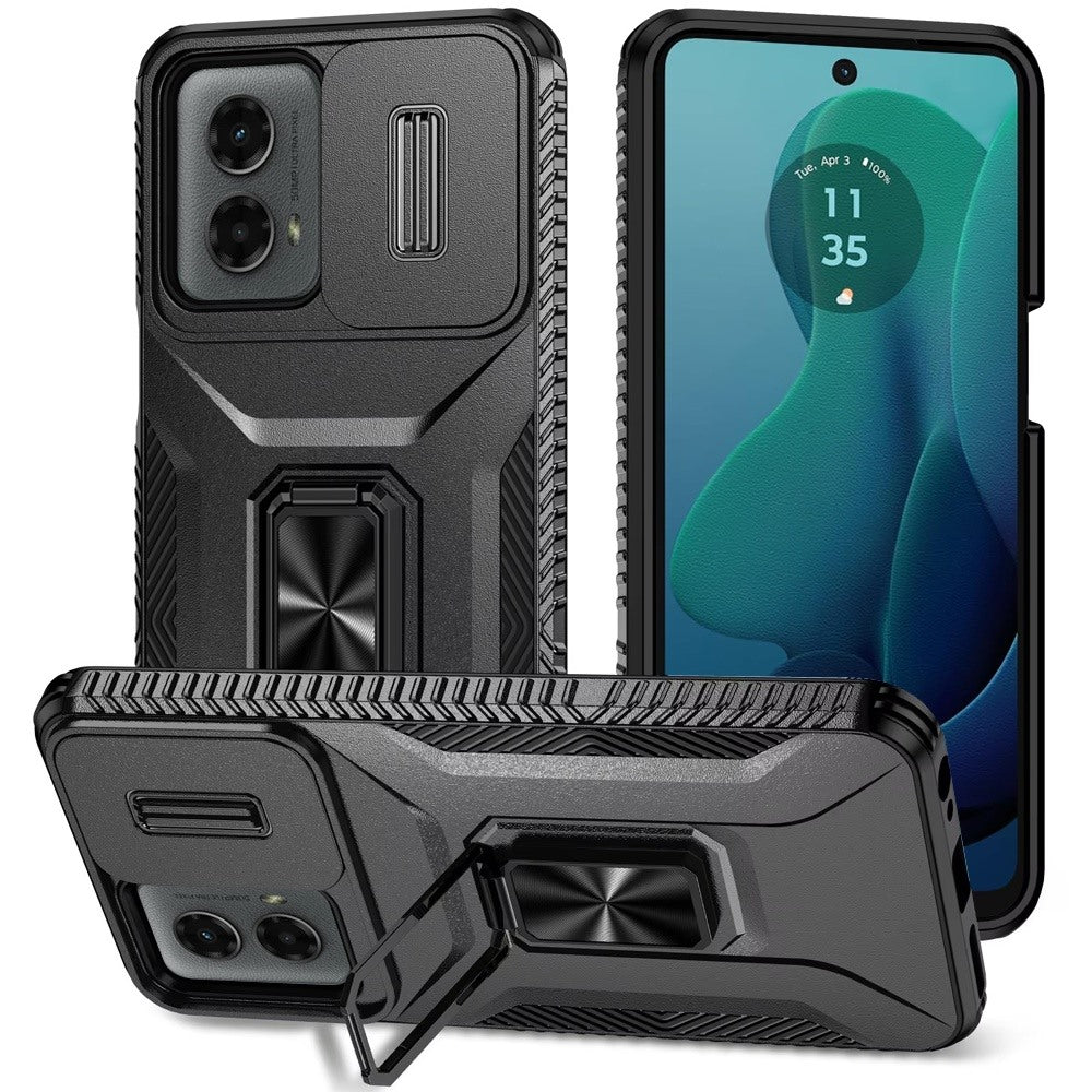 For Apple iPhone 15 (6.1") Camera Cover Phone Case with Magnetic Rotation Ring Stand [Military Grade] Hybrid Hard TPU Shockproof Case Cover Black