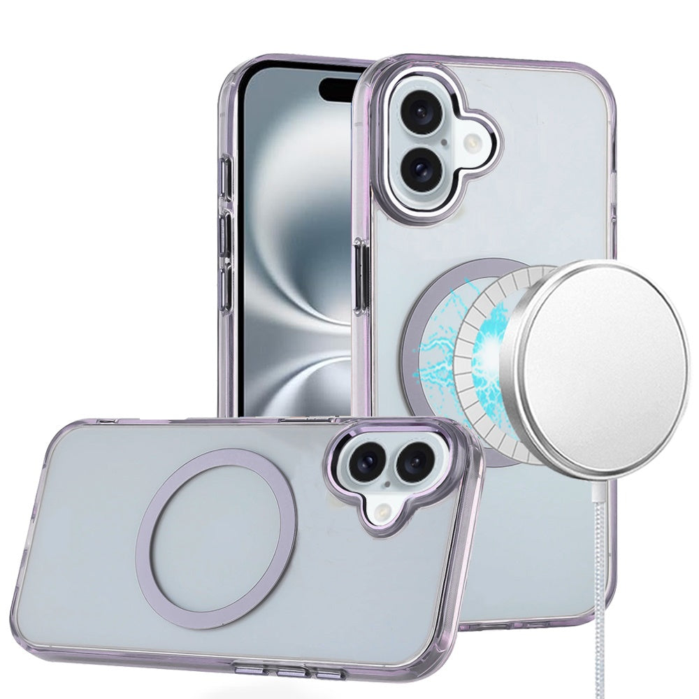 For iPhone 16 (6.1") Transparent Back Hybrid Case - Magnetic Circle, Color Frame, Metal Buttons, MagSafe Compatible Case Cover Clear