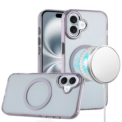 For iPhone 16 (6.1") Transparent Back Hybrid Case - Magnetic Circle, Color Frame, Metal Buttons, MagSafe Compatible Case Cover Clear