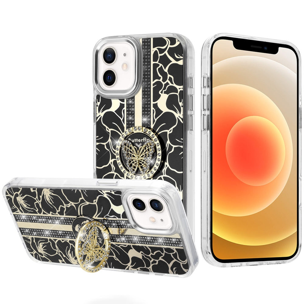 For Samsung Galaxy S26 Ultra Diamonds 3D Butterfly Floral Design Bling Sparkly Glitter Hybrid Metal Fashion with Ring Stand Case Cover
