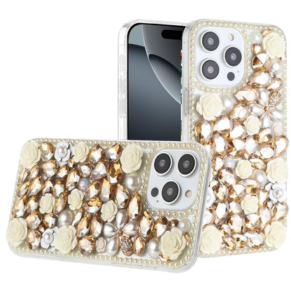 Phone Case for Apple iPhone 16 Pro Max Rose Flower Full Diamond Bling Rhinestone Glitter Luxury Stylish Sparkle Protective Designer Hybrid Cover Yellow