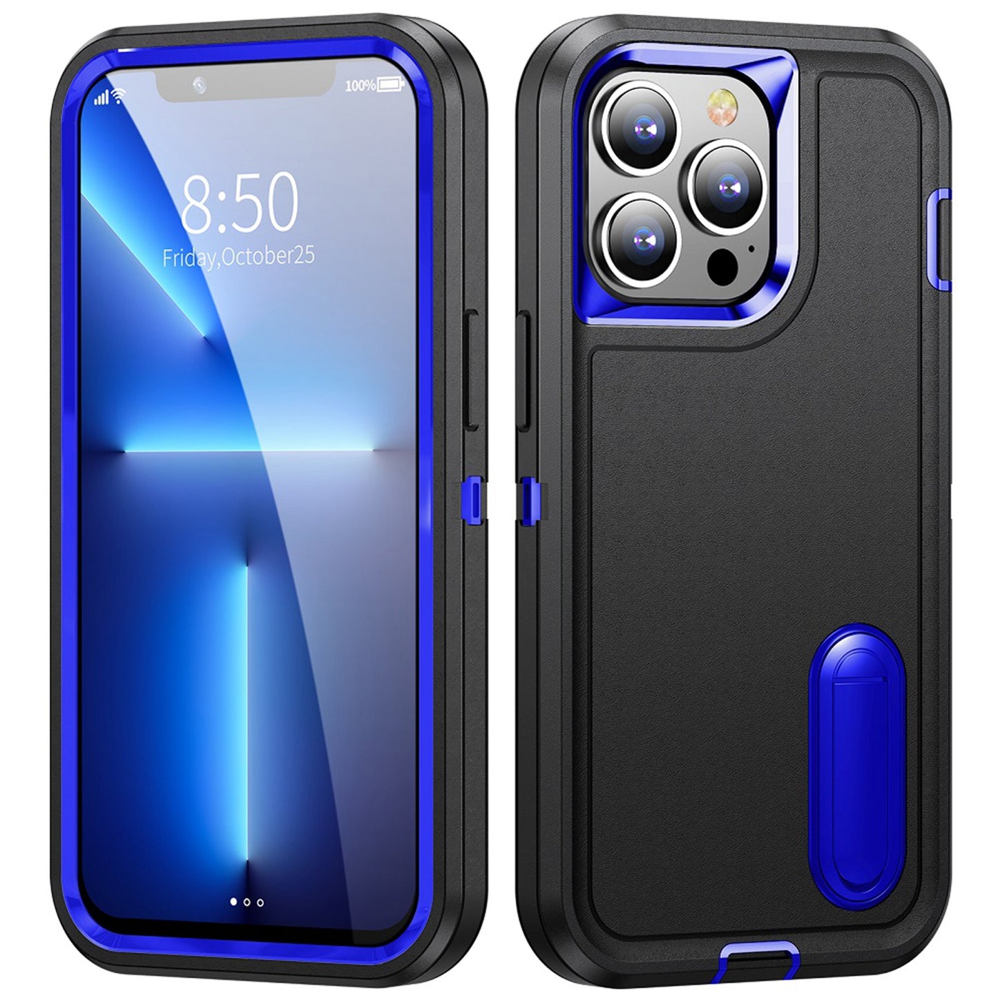 For Apple iPhone 16 (6.1") Hybrid 3 Layers Hard 3in1 Shockproof with Kickstand Heavy Duty Hard TPU Rubber Anti-Drop Case Cover Black / Blue