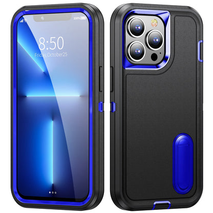 For Apple iPhone 16 (6.1") Hybrid 3 Layers Hard 3in1 Shockproof with Kickstand Heavy Duty Hard TPU Rubber Anti-Drop Case Cover Black / Blue