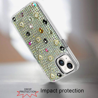 Phone Case for iPhone 15 Chrome Fashion Hybrid Bling Diamond Heart Rhinestone Decorative Stones Sparkling Embellished Design Cover