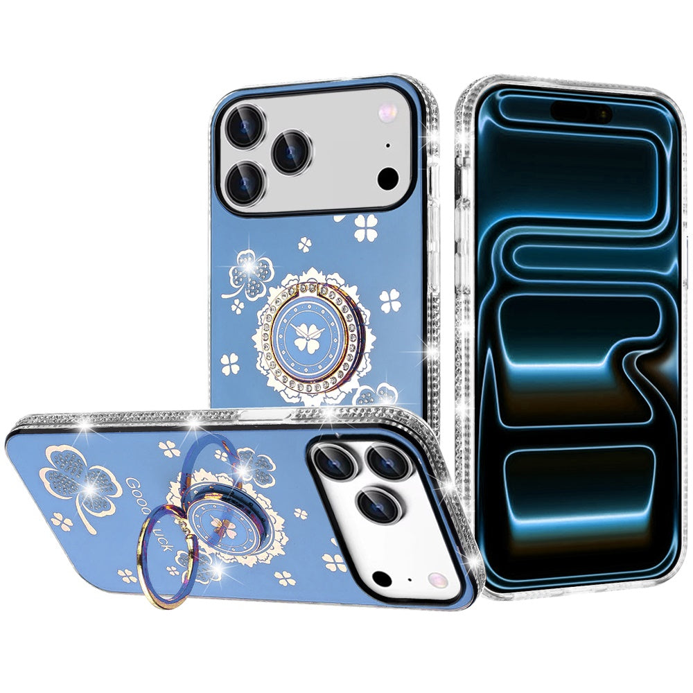 Phone Case for Apple iPhone 18 Pro Glitter Diamond Ring Stand Sparkle Rhinestone Edge AntiSlip Kickstand Luxury Fashion Bumper Shockproof Cover Blue