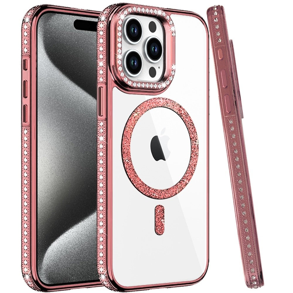 Phone Case for Apple iPhone 15 Pro Max Luxury Diamond Bling Edged Magnetic Glitter Shockproof Hybrid with Camera Kickstand Durable Grip Cover