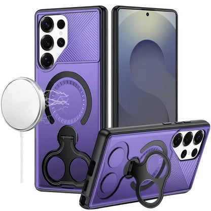 For Samsung Galaxy S25 Ultra Hybrid with Invisible 2 Hole Ring Stand Magnetic back Car Mount Friendly Protector Case Cover Purple