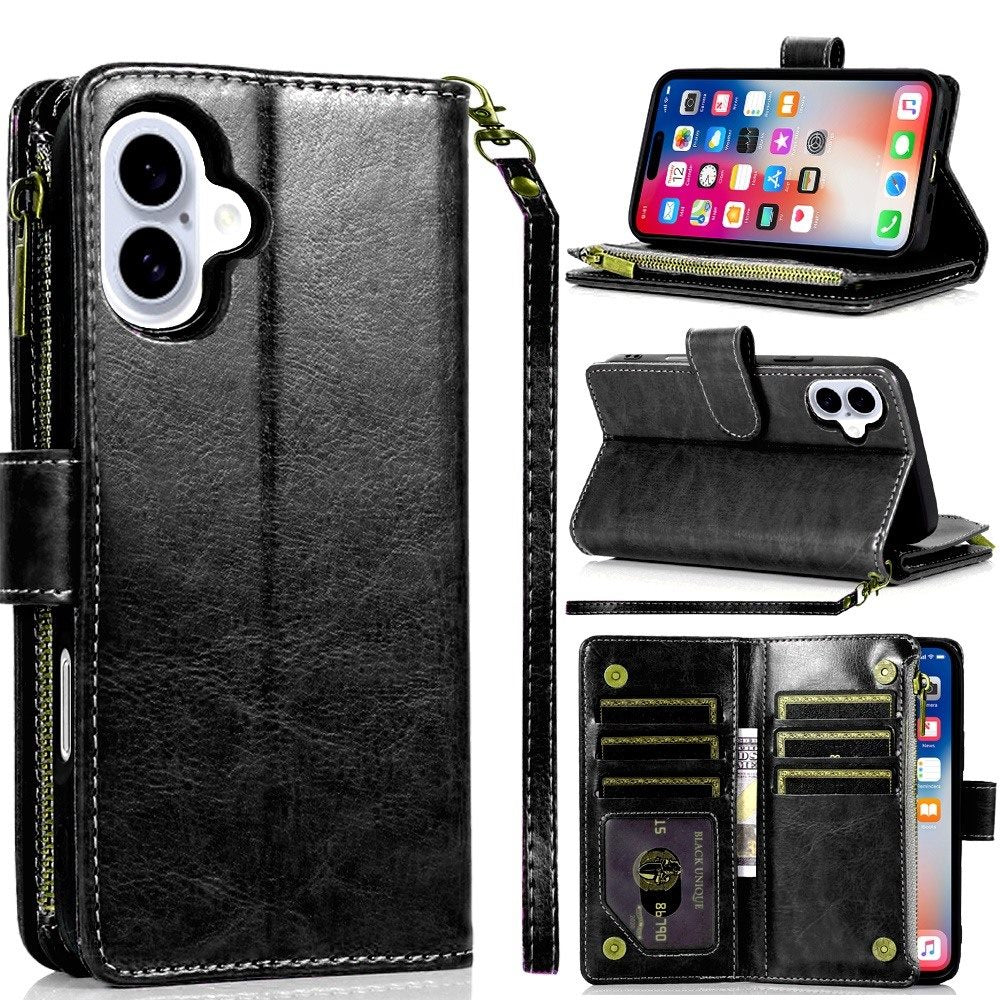 For Samsung Galaxy S26 Leather Wallet Case with Zipper, 9 Card Slots, Cash Pocket, Stand & Strap, Clutch Pouch Design Case Cover Black