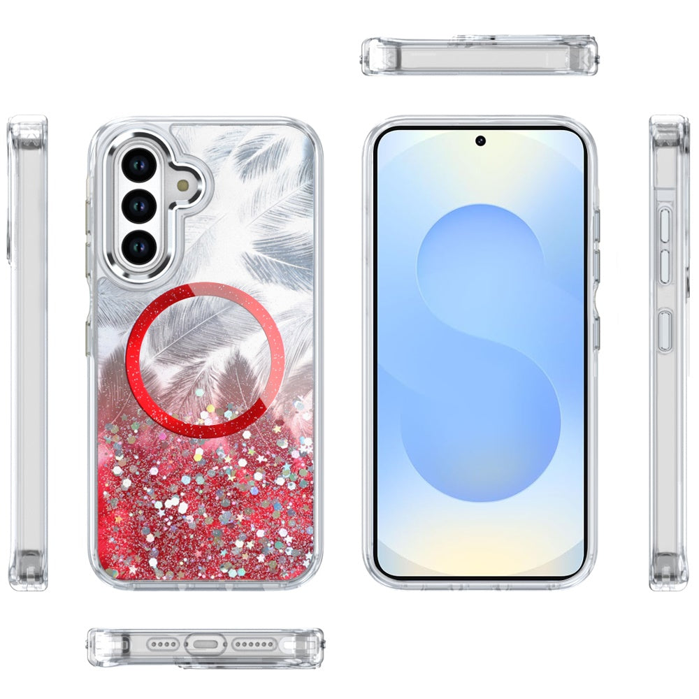 For Apple iPhone 15 Pro Max Epoxy Glitter Shimmer Fashion Case with Magnetic Magsafe Compatible Hybrid Sparkling Slim Protective Case Cover Red