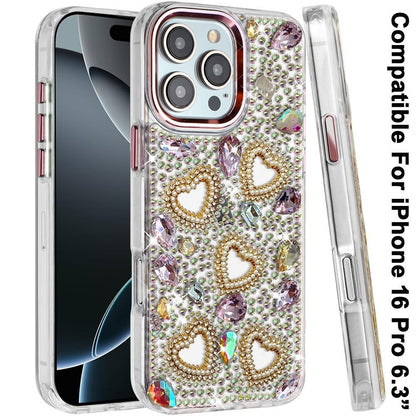 Phone Case for Apple iPhone 16 Pro Luxury Crystal Heart Rhinestone Diamond Bling Shockproof Hybrid Glitter Protective Stylish Durable Grip Cover
