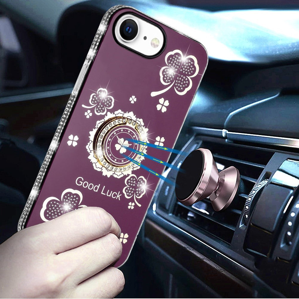 Phone Case for Apple iPhone 17E /16E Glitter Diamond Ring Stand Sparkle Rhinestone Edge AntiSlip Kickstand Luxury Fashion Bumper Shockproof Cover Red