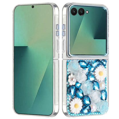 For Samsung Galaxy Z Flip 7 Fashion Daisy Floral Series, Full 3D Bling Crystal Diamonds Sparkling Rhinestone Glitter Hybrid Design Case Cover