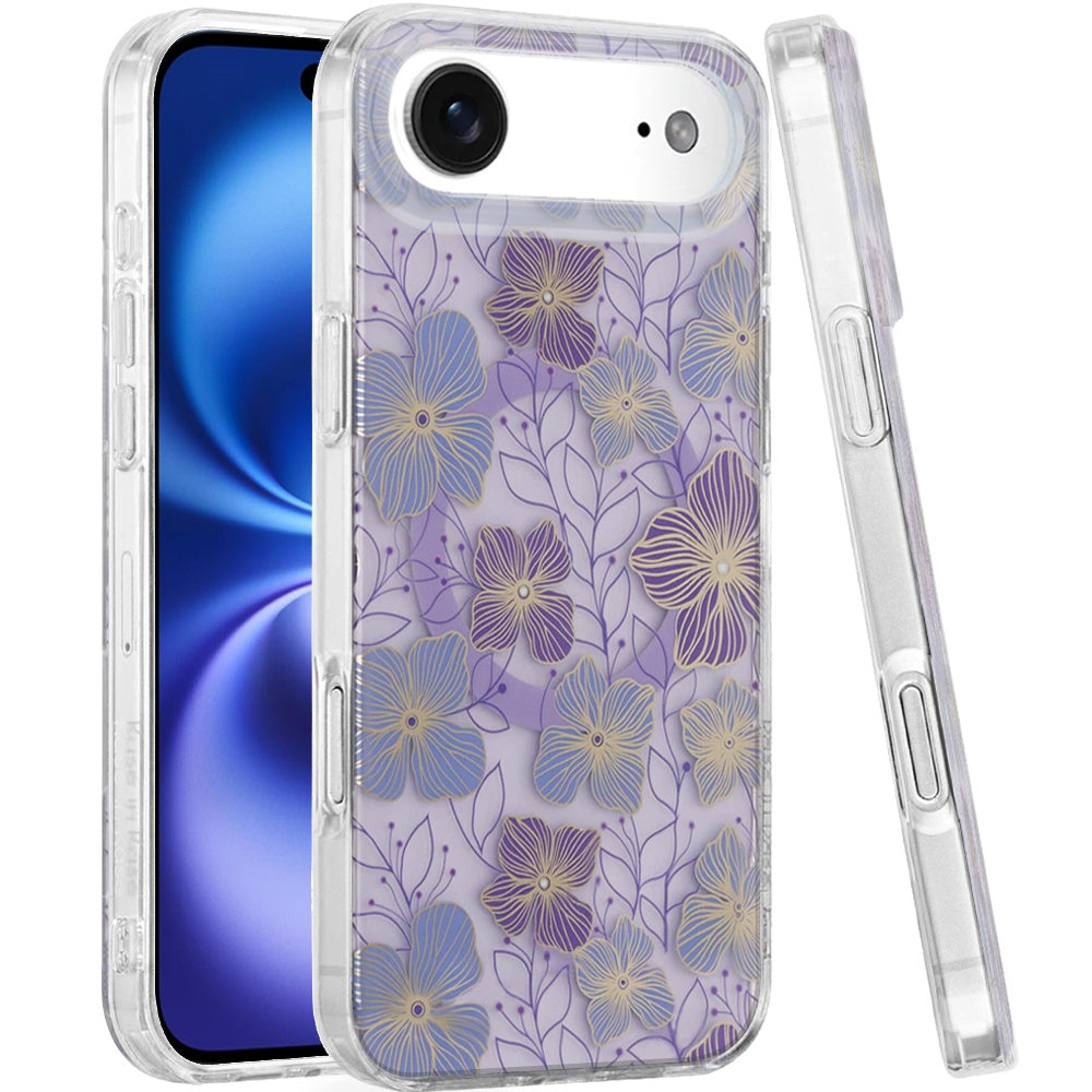 For Apple iPhone 17 Stylish Pattern Fashion IMD Printed Design TPU Double Layer Slim Shockproof with Magnetic Back Case Cover Purple Flower