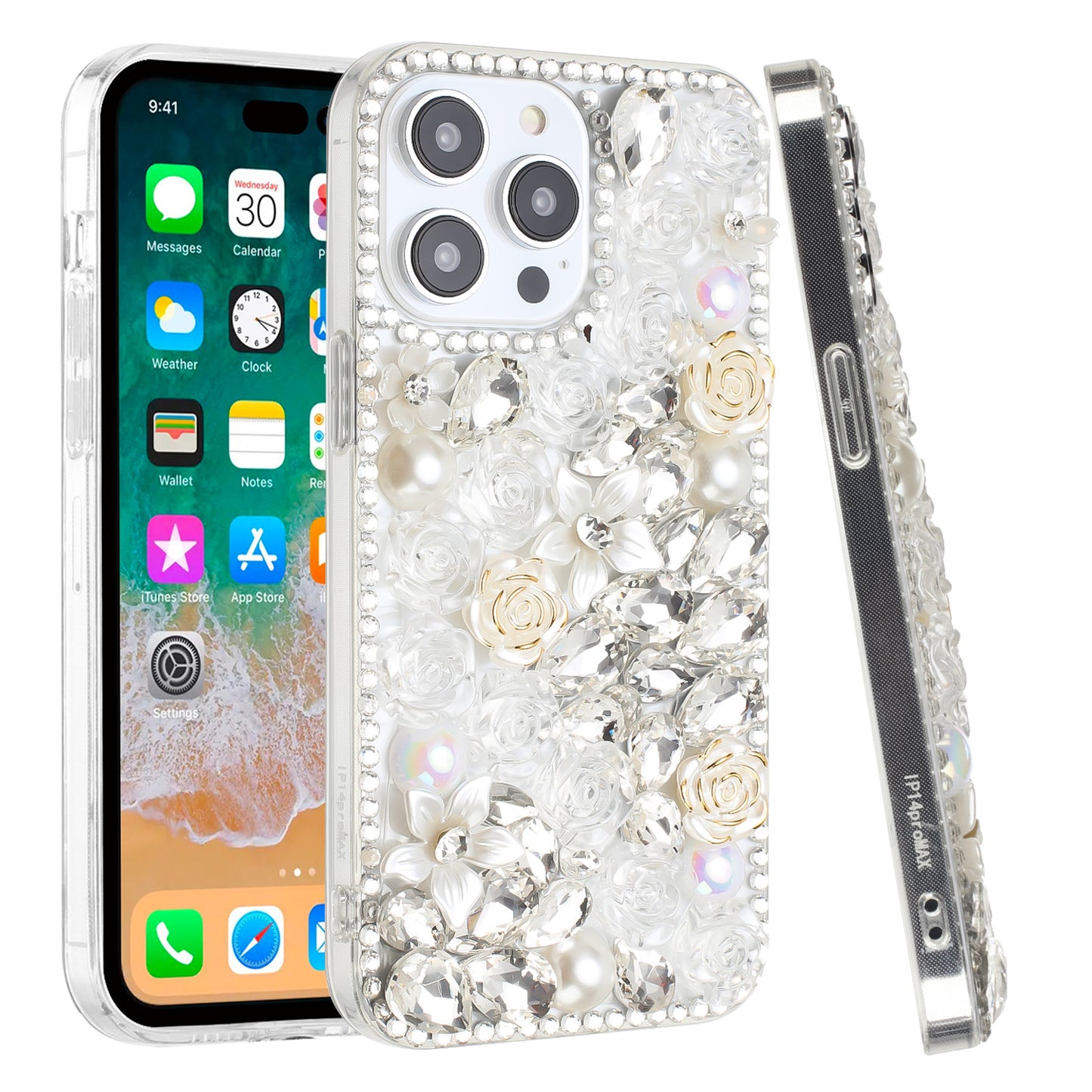 For Apple iPhone 16 Pro (6.3") Fashion Rose Flower Floral Bling Crystal 3D Full Diamonds Pearl Sparkle Rhinestone Glitter Hybrid Case Cover