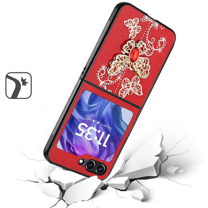 For Samsung Galaxy Z Flip 7 FE Diamonds 3D Butterfly Bling Sparkly Glitter Ornaments Engraving Hybrid Metal Fashion Case Cover Red Garden Butterflies