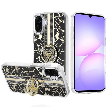 For Samsung Galaxy A07 Diamonds 3D Butterfly Floral Design Bling Sparkly Glitter Hybrid Metal Fashion with Ring Stand Case Cover