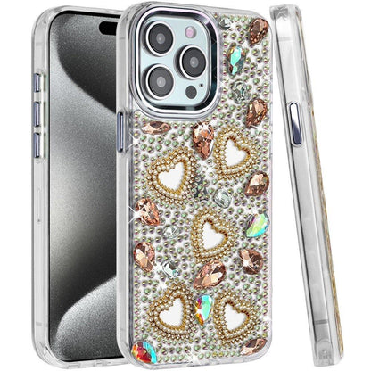 Phone Case for Apple iPhone 15 Pro Max Luxury Crystal Heart Rhinestone Diamond Bling Shockproof Hybrid Glitter Protective Stylish Durable Grip Cover