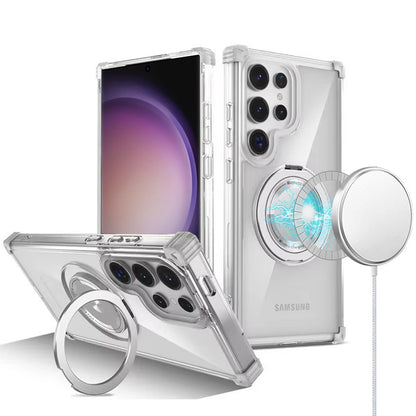 Phone Case for Samsung Galaxy S23 Ultra Magnetic Shockproof 360 Degree Rotational Ring Stand Protective Transparent Design Cover Clear