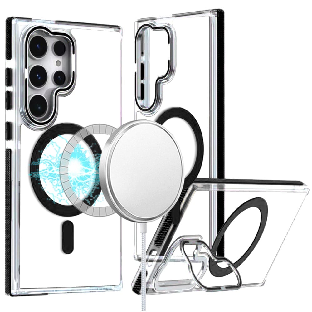 Phone Case for Samsung Galaxy S22 Ultra Magnetic Ring Camera Stand Shockproof Hybrid Clear Transparent Metal Bracket Durable Protective Grip Cover Black
