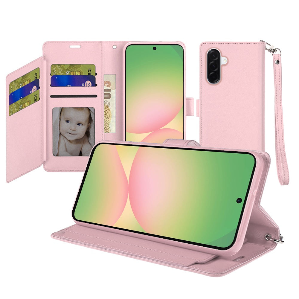 For Samsung Galaxy A57 Wallet Cases PU Leather with Credit Card /ID /Cash Holder Slot Dual Flip Book Pouch, Stand and Strap Case Cover Rose Gold