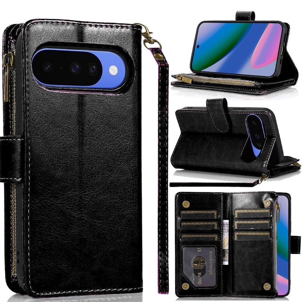 For Google Pixel 10 / 10 Pro Leather Wallet Case with Zipper, 9 Card Slots, Cash Pocket, Stand & Strap, Clutch Pouch Design Case Cover Rose Gold