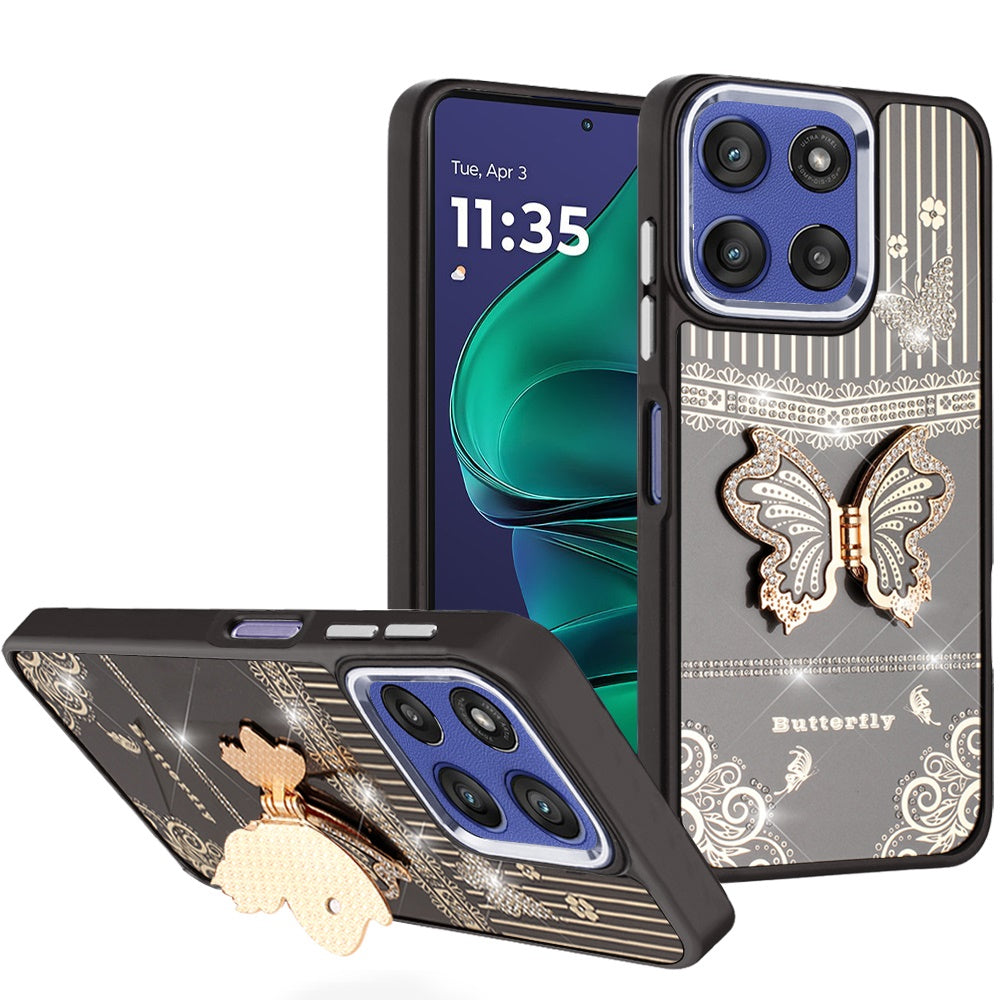 For Motorola Moto G Stylus 5G 2026 /2025 Glitter 3D Butterfly Design Bling Metallic Edge Hybrid Stand Drop Protection TPU Shockproof Case Cover