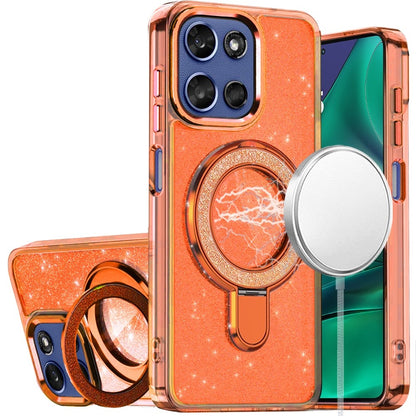 For Motorola Moto G Stylus 5G 2026 /2025 Transparent Glitter Bling Case with Rotating Magnetic Ring Stand, Shockproof Hybrid Case Cover Cosmic Orange