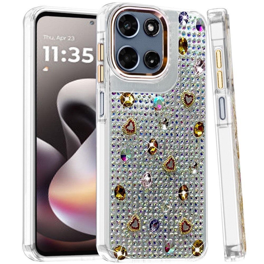 Phone Case for Motorola Moto G Stylus 5G 2026 /2025 Chrome Fashion Hybrid Bling Diamond Heart Rhinestone Decorative Stones Sparkling Embellished Design Cover