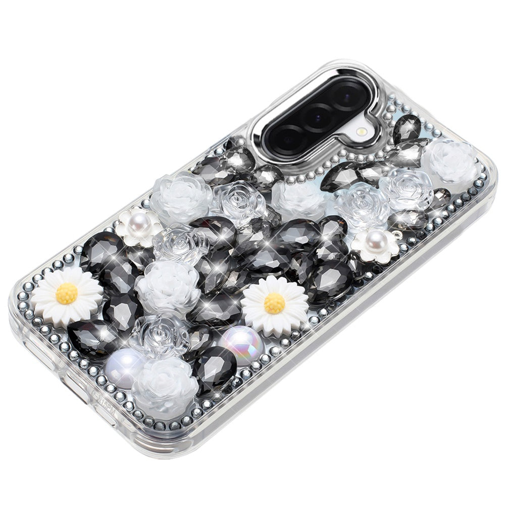 For Samsung Galaxy S25 Fan Edition /Galaxy S25 FE Fashion Daisy Floral Series, Full 3D Bling Crystal Diamonds Sparkling Rhinestone Glitter Hybrid Design Case Cover