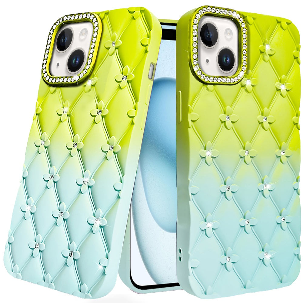 For Apple iPhone 13 Pro Max (6.7") Fashion Flower Design Sparkle Glitter Shimmer Rhinestone Bling Leather Feel Thick TPU Rubber Hard PC Case Cover