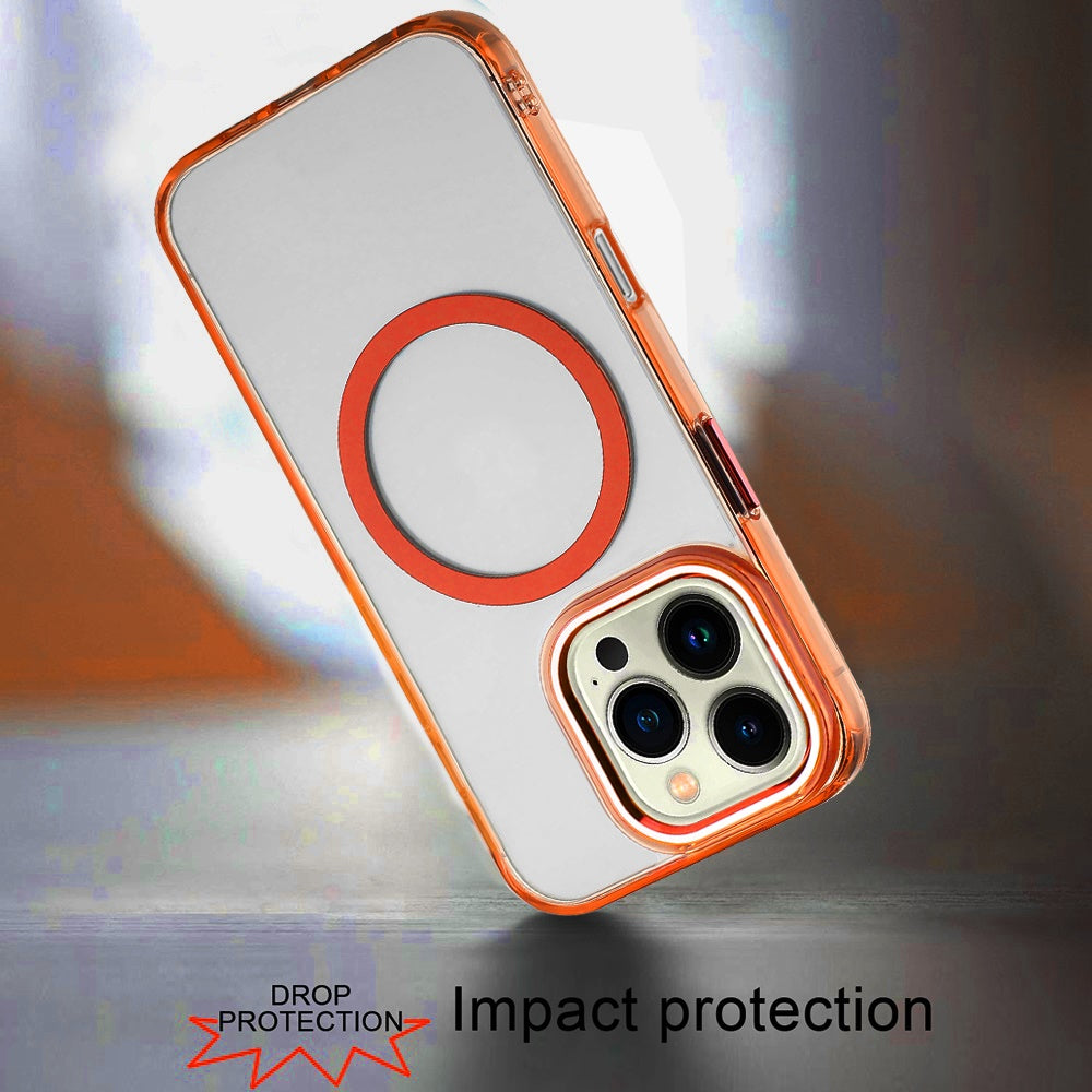 For iPhone 16 Pro Max (6.9") Transparent Back Hybrid Case - Magnetic Circle, Color Frame, Metal Buttons, MagSafe Compatible Protector