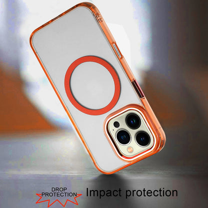 For iPhone 16 Pro Max (6.9") Transparent Back Hybrid Case - Magnetic Circle, Color Frame, Metal Buttons, MagSafe Compatible Protector