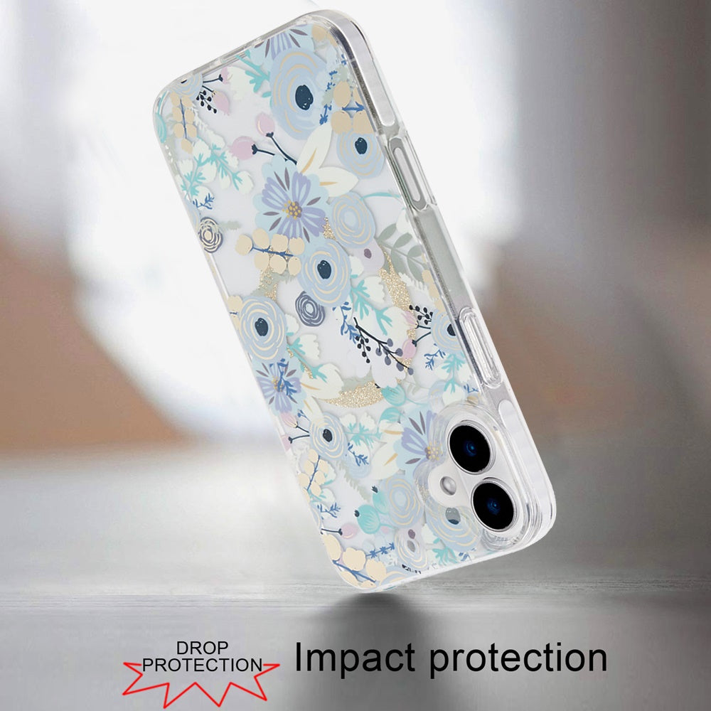 For Apple iPhone 16 Plus (6.7") Floral Pattern Design Cute Clear Hybrid Compatible with Magsafe Double Layer Soft TPU Hard PC Case Cover