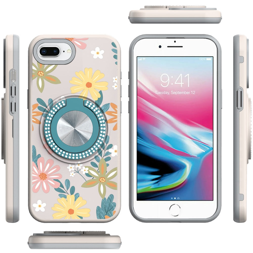 For iPhone 8 Plus / iPhone 7 Plus Pattern Design Hybrid with Invisible Ring Stand & Magnetic Back, Shockproof Protective Grip Case Cover