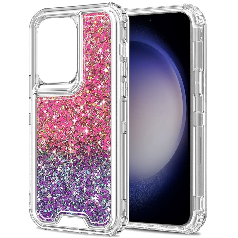 For Samsung Galaxy S23 Epoxy Bling Glitter Sparkly 3-in-1 Transparent Hybrid Full-Body Shockproof PC Bumper Case Cover Hot Pink+Purple