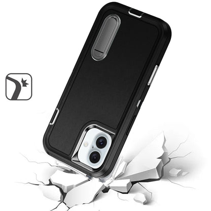 For Apple iPhone 16 Pro (6.3") Hybrid 3 Layers Hard 3in1 Shockproof with Kickstand Heavy Duty Hard TPU Rubber Anti-Drop Case Cover Black