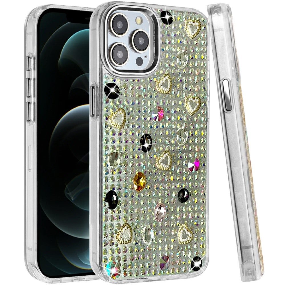 Phone Case for Apple iPhone 12 Pro Max Chrome Fashion Hybrid Bling Diamond Heart Rhinestone Decorative Stones Sparkling Embellished Design Cover