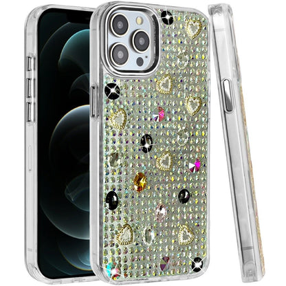 Phone Case for Apple iPhone 12 Pro Max Chrome Fashion Hybrid Bling Diamond Heart Rhinestone Decorative Stones Sparkling Embellished Design Cover