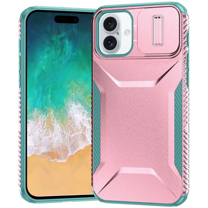 For Apple iPhone 16 Plus Slim Fit Shockproof Hybrid with Slide Camera Window Covering, Rugged Tpu Silicone Hard PC Bumper Case Cover Pink-Teal