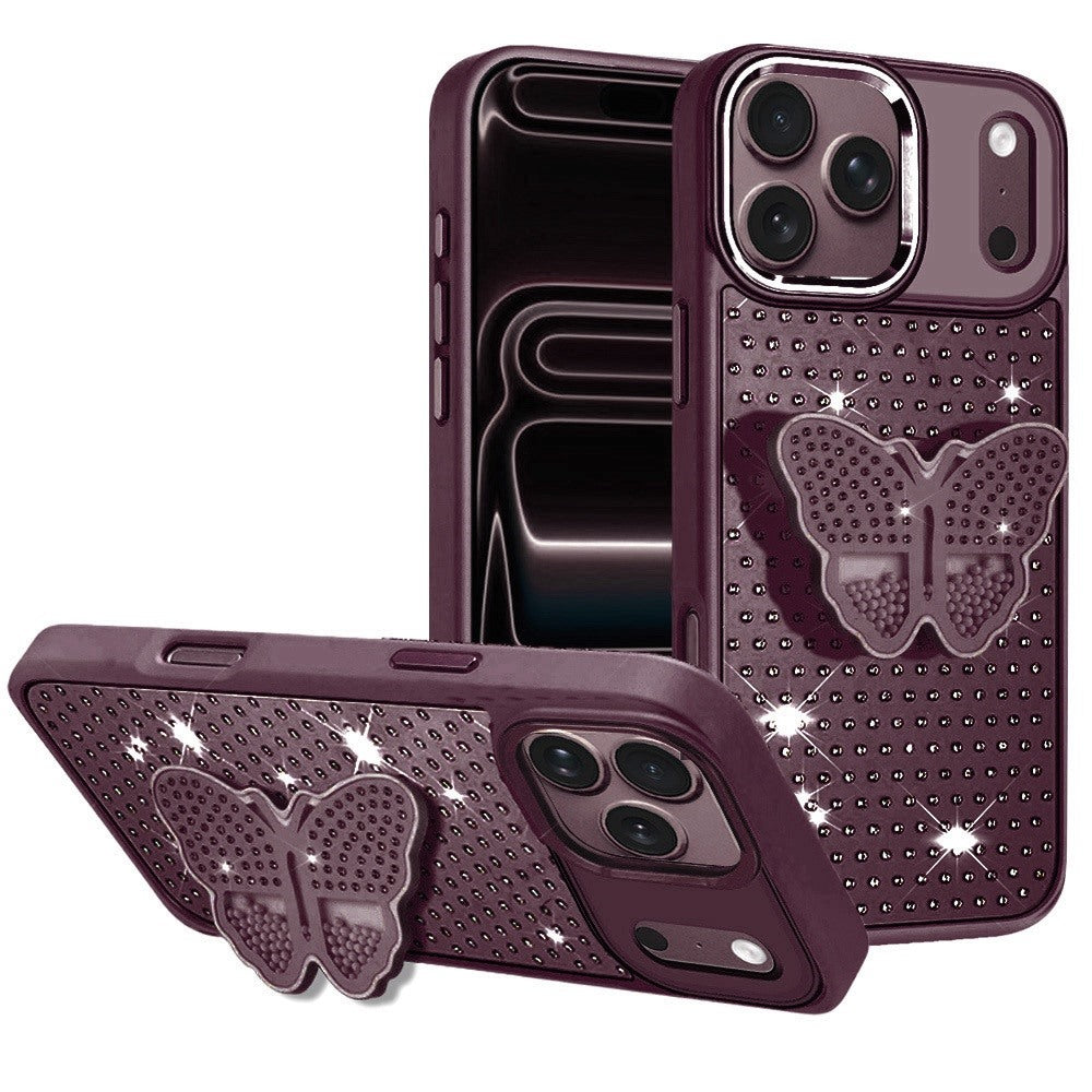 Phone Case for Apple iPhone 18 Pro/ iPhone 17 Pro Butterfly Grip Pop Stand Diamond Sparkle Hybrid Shockproof Metal Button Slim Protective Grip Decorative Design Cover Purple