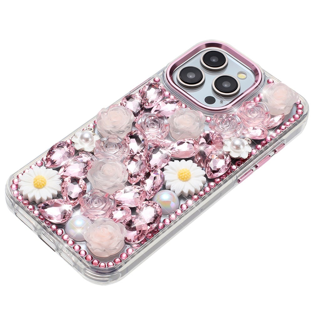 Phone Case for iPhone 15 Pro (6.1") Full Bling Rhinestone Glitter Floral Luxury Hybrid Shockproof Stylish Sparkling Protective Designer Ornament Cover
