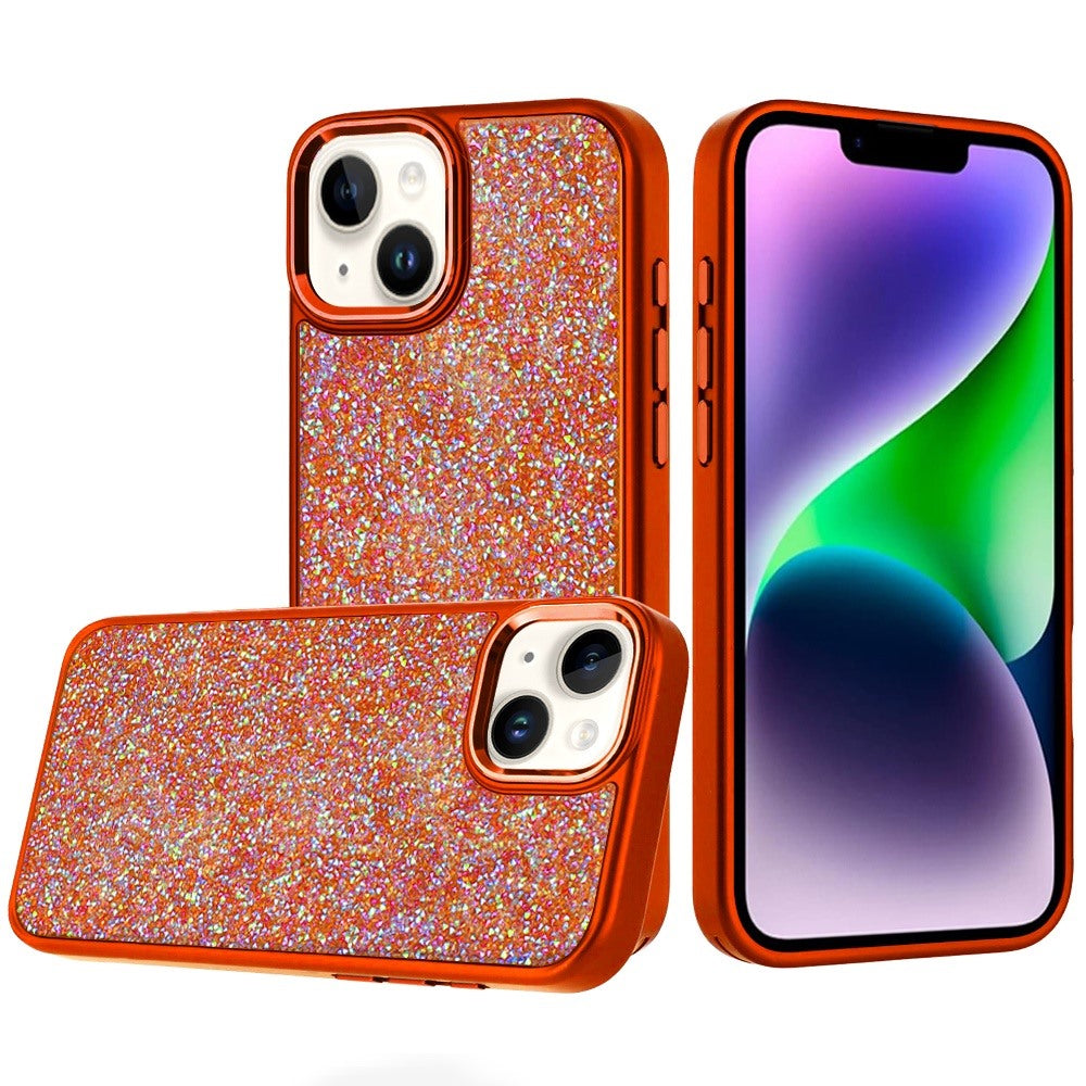 Phone Case for Apple iPhone 14/13 Crystal Glass Bling Diamond Metallic Edge Shockproof Durable Protective Clear Hybrid Stylish Premium Design Cover Cosmic Orange