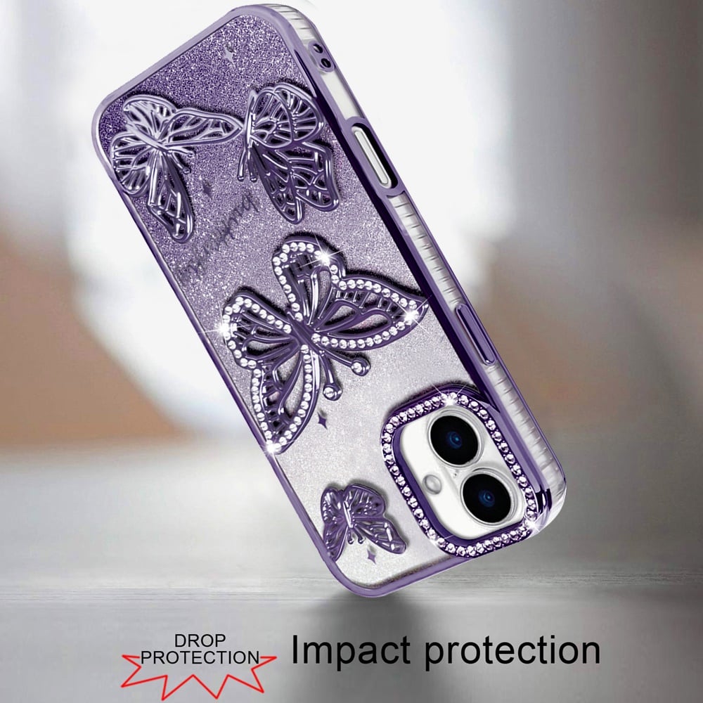 Phone Case for Apple iPhone 16 Plus Butterfly Freedom Shimmer Glitter Thick TPU Shockproof Anti Slip Durable Protective Design Cover Purple