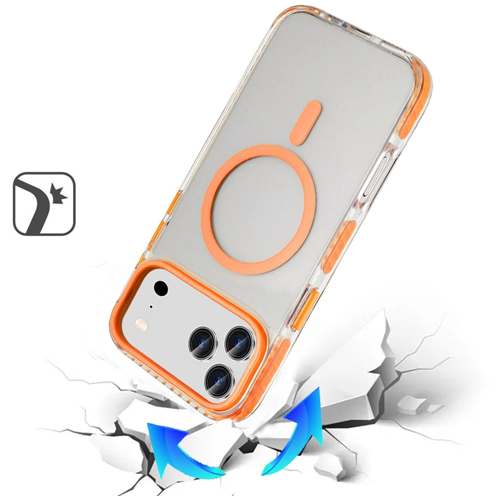 For Apple iPhone 17 Pro (6.3") Transparent Hybrid with Color-Matched Magnetic Circle, Rubber TPU Frame Hard PC Shockproof Case Cover Cosmic Orange