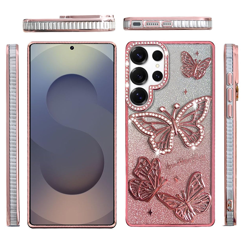 For Samsung Galaxy S26 Ultra Luxury Butterfly Sparkle Glitter Diamond Crystal Rhinestone Shimmer Bling Plating Thick TPU Hard PC Case Cover